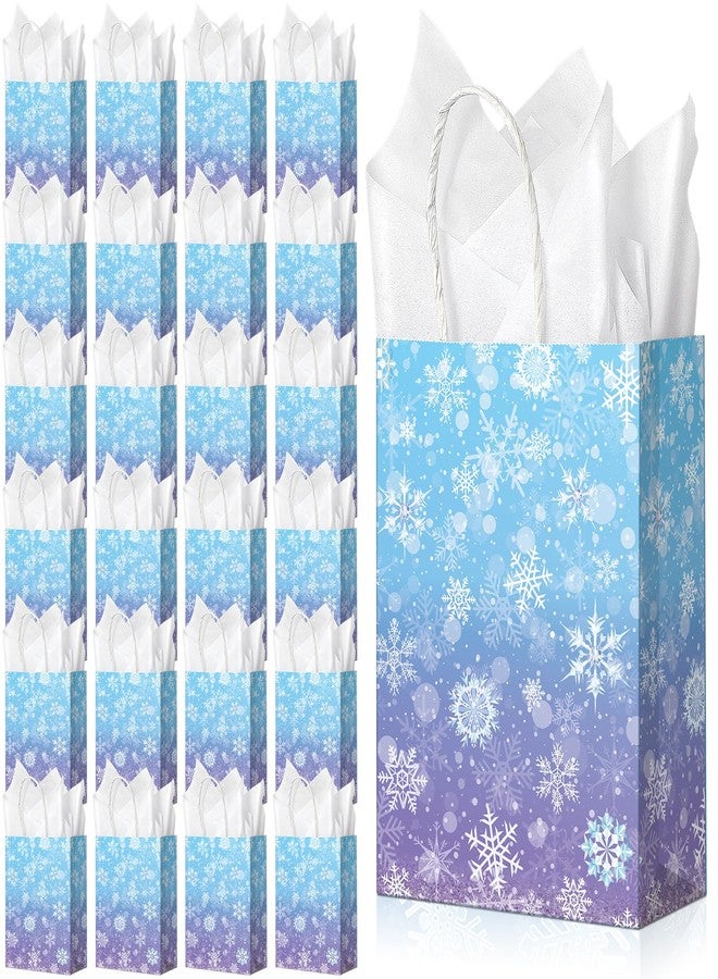 Pascliyna 24 Pcs Winter Snowflake Gift Bags, Blue and Purple Snowflake Goodie Bags Bulk with 24 Tissue Paper, Holiday Kraft Paper Party Favor Bags with Handles for Birthday Christmas Winter Wonderland - Image 1
